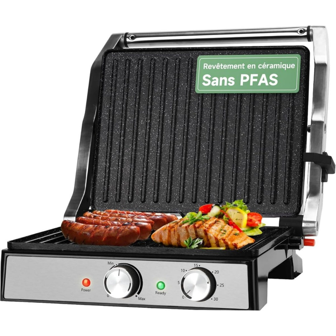 Appareil a sandwich et presse a panini blanc en verre trempe 1500 w 0.8 l